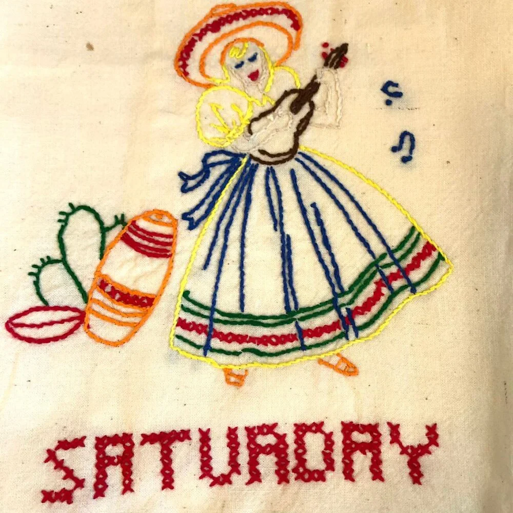 Set of 7 Vint 60s Collectible Embroidered Tea Towels Mexican Design Days Of Week